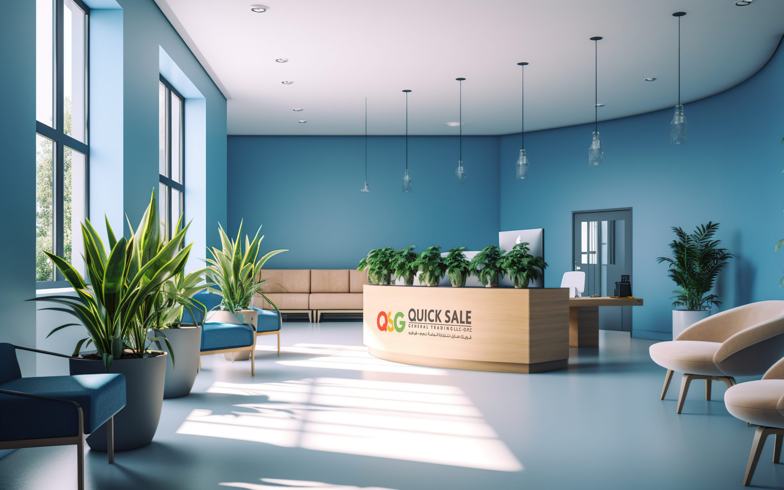 Panorama of a bright reception and waiting room in a clinic with